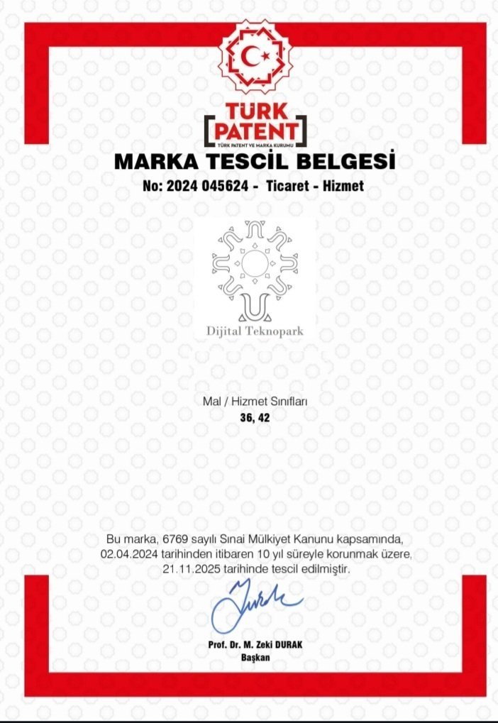 Dijital Teknopark Marka Tescil Belgesi - Türk Patent ve Marka Kurumu Tescil No: 2024 045624